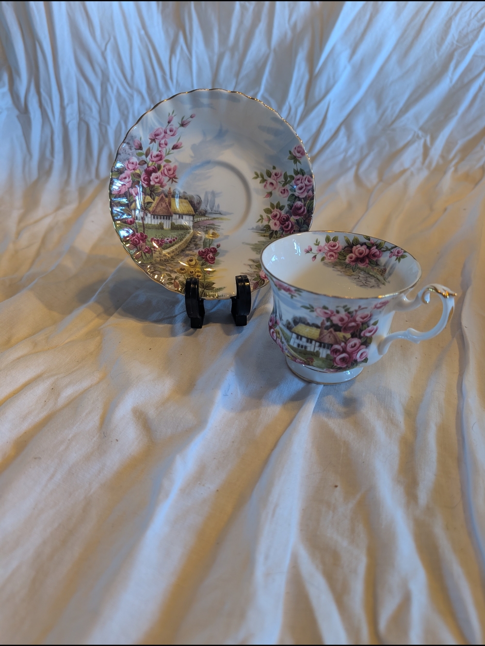2/70$ Royal Albert Pink Rose Cottage Tea Cup and Saucer with Gold Trim